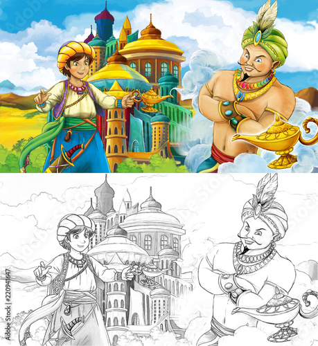 cartoon scene with prince or king traveling near arabian castle - illustration for children