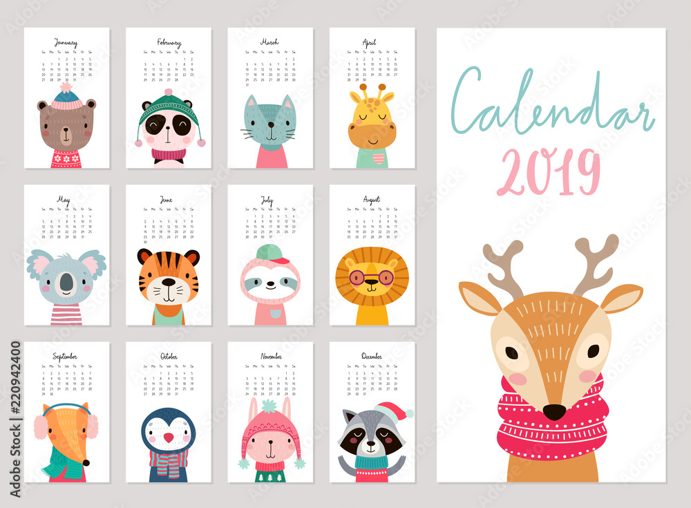 Calendar 2019. Cute monthly calendar with animals. Hand drawn characters. Stock Vector | Adobe Stock Calendar 2019. Cute monthly calendar with animals. Hand drawn characters. Stock Vector | Adobe Stock