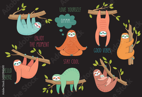 Set of cute hand drawn sloths hanging on the tree. Lazy animal characters. Jungle animal collection.