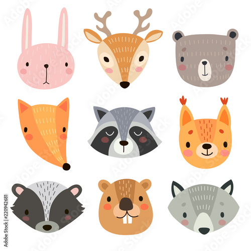 Cute animal faces. Hand drawn characters.
