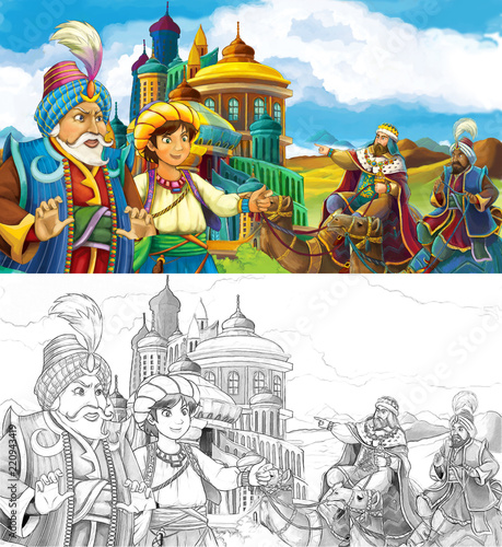 cartoon scene with prince or king traveling near arabian castle meeting some travelers on camels and flying jinn - illustration for children