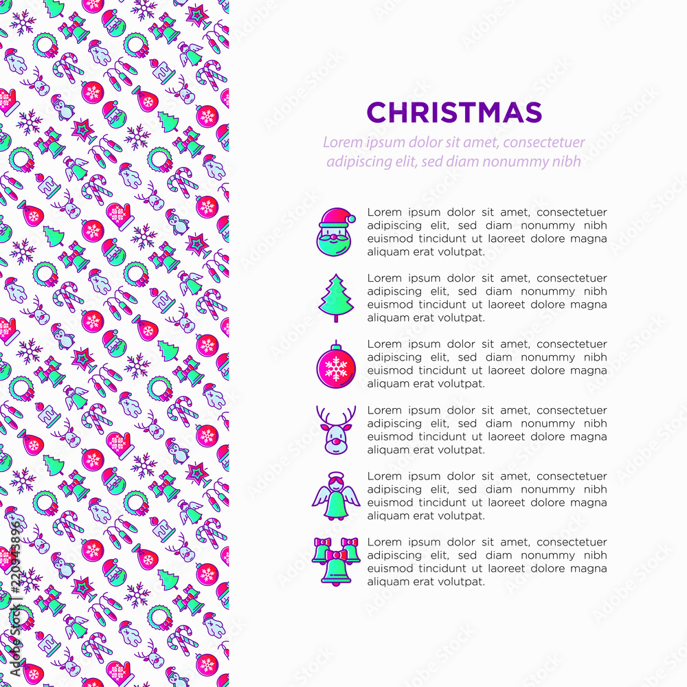 Christmas concept with thin line icons: Santa Claus, snowflake, reindeer, wreath, polar bear in hat, angel, mitten, candle, penguin, garland. Vector illustration, print media, web page template.