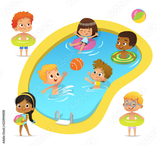 Pool party characters. Multiracial boys and girls wearing swimming suits and rings have fun in pool. African-American Girl standing with ball. Cartoon characters. Vector isolated.