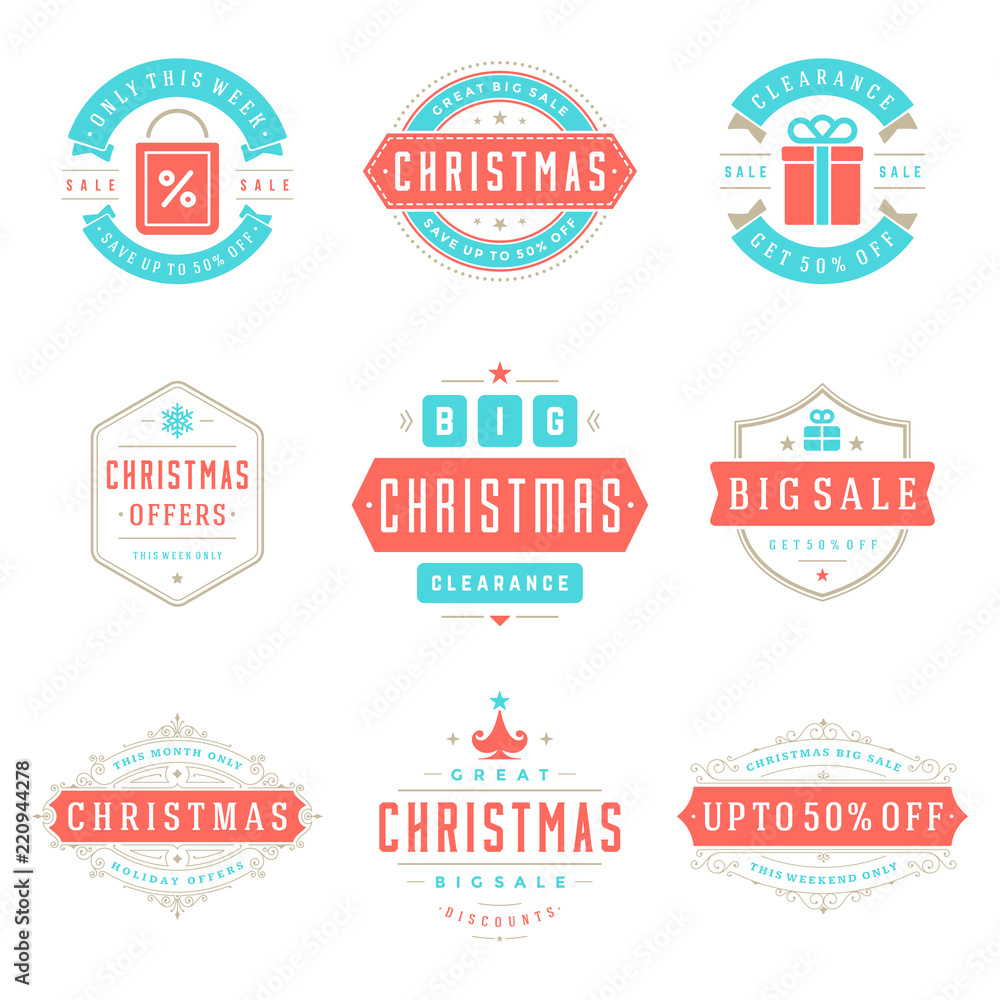 Christmas sale badges, badges and tags design vector vintage set
