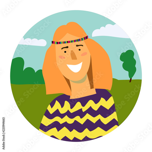 Vector portrait of smiling woman in a circle