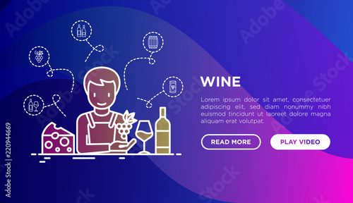 Wine concept: winemaker with thin line icons, wine glass, grapes, cheese. Modern vector illustration, web page template on gradient background.