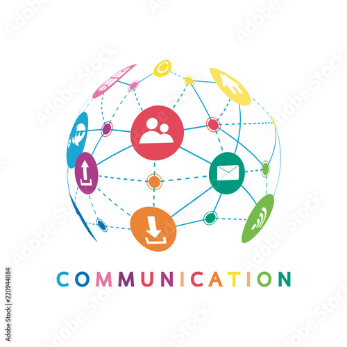 Vector illustration of a communication concept. The word communication with colorful dialog speech bubbles