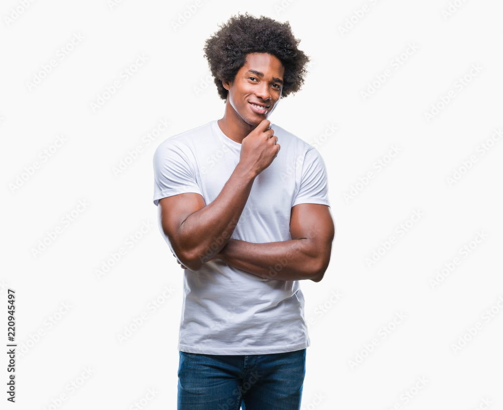 Afro american man over isolated background looking confident at the camera with smile with crossed arms and hand raised on chin. Thinking positive. Afro american man over isolated background looking confident at the camera with smile with crossed arms and hand raised on chin. Thinking positive.