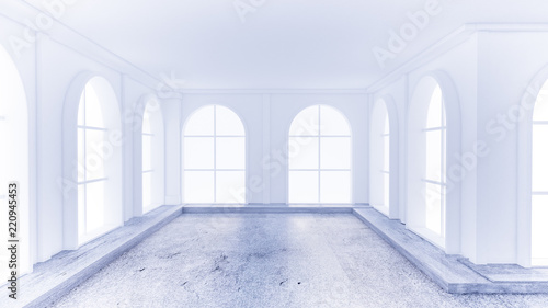 Light white empty interior with stone floor. 3d illustration, 3d rendering.