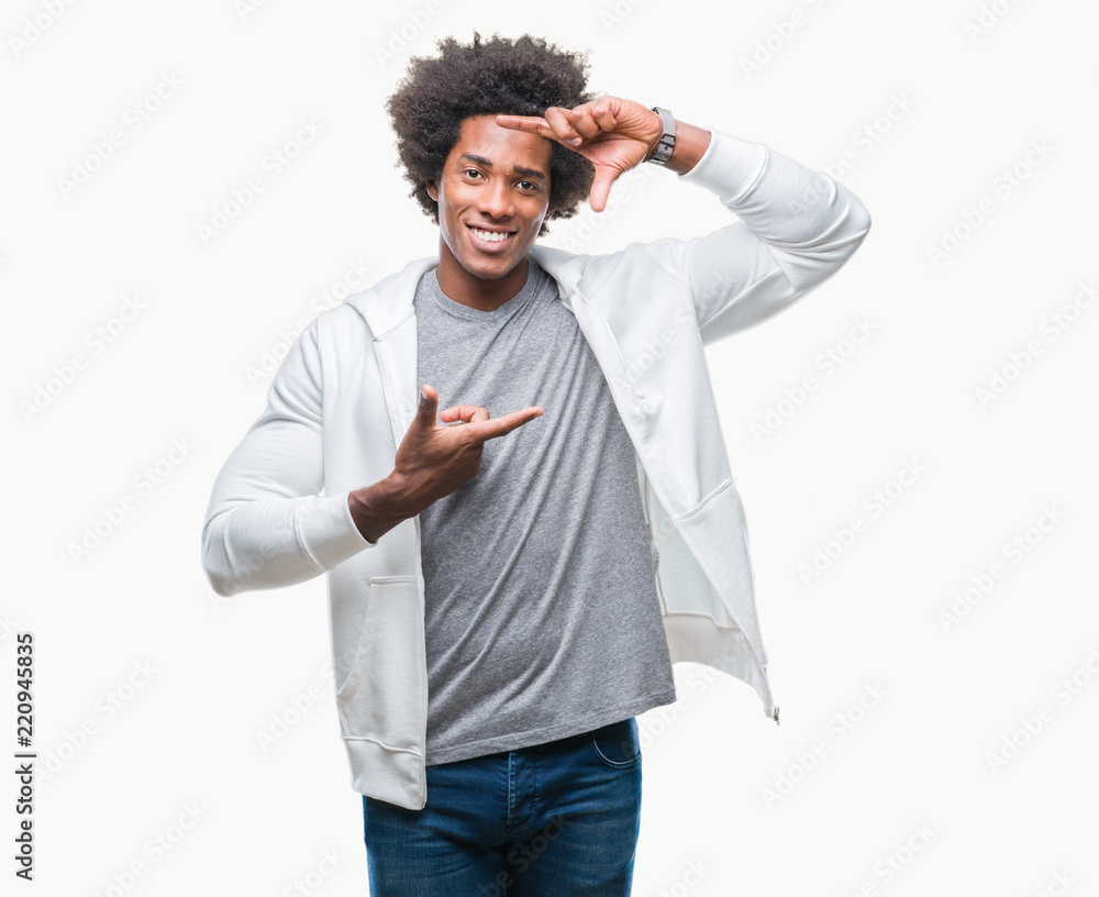 Afro american man wearing sweatshirt over isolated background smiling making frame with hands and fingers with happy face. Creativity and photography concept. Afro american man wearing sweatshirt over isolated background smiling making frame with hands and fingers with happy face. Creativity and photography concept.