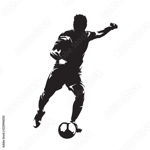 Soccer player kicking ball, front view. Footballer isolated vector silhouette
