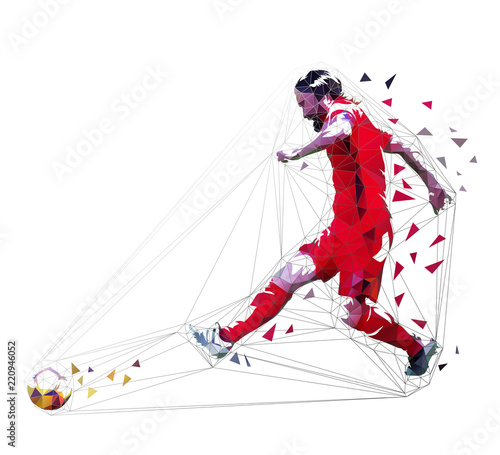 Football player in red jersey passing ball  side view. Geometric vector illustration