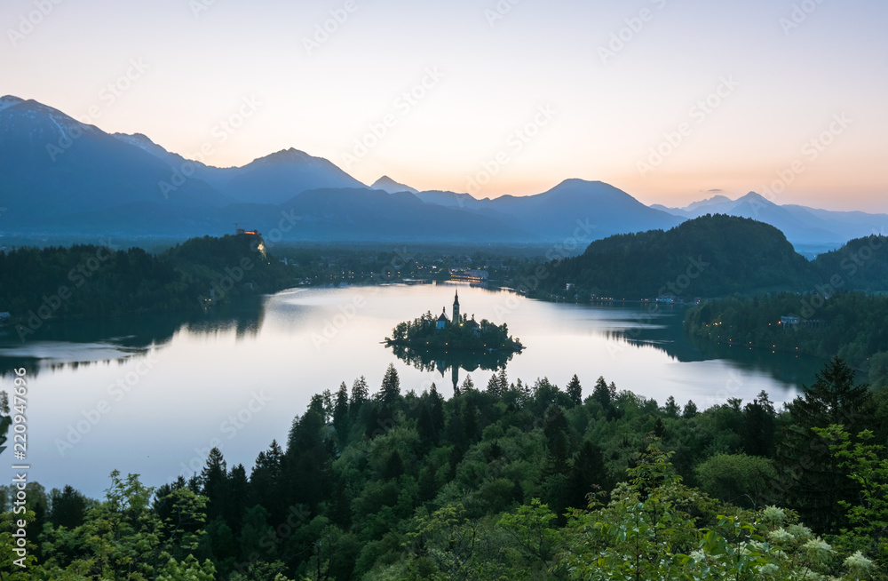 Sunrise at Bled Lake, Castel and Island, Bled, Triglav National Park, Upper Carniolan, Slovenia, Europe