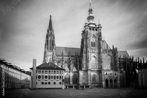 Gorgeous St. Vitus Cathedral in Prague Castle architectural complex in the historic part of Prague, black and white cityscape, Czech Republic, travel Europe 