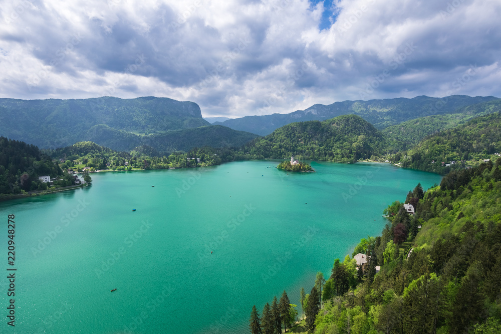 Amazing view over Bled Lake, Castel and Island, Bled, Upper Carniolan, Triglav National Park, Slovenia, Europe Amazing view over Bled Lake, Castel and Island, Bled, Upper Carniolan, Triglav National Park, Slovenia, Europe