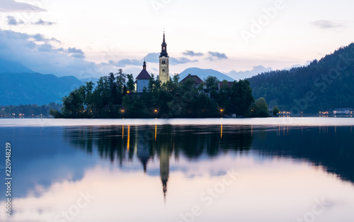 Impressive sunset at Bled Lake, Castel and Island, Bled, Upper Carniolan, Slovenia, Europe