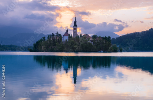 Impressive sunset at Bled Lake, Castel and Island, Bled, Upper Carniolan, Slovenia, Europe © Mada_cris