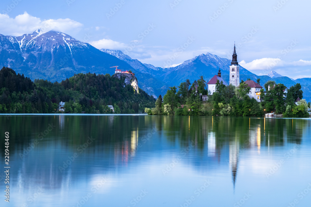 Impressive sunset at Bled Lake, Castel and Island, Bled, Upper Carniolan, Triglav National Park, Slovenia, Europe