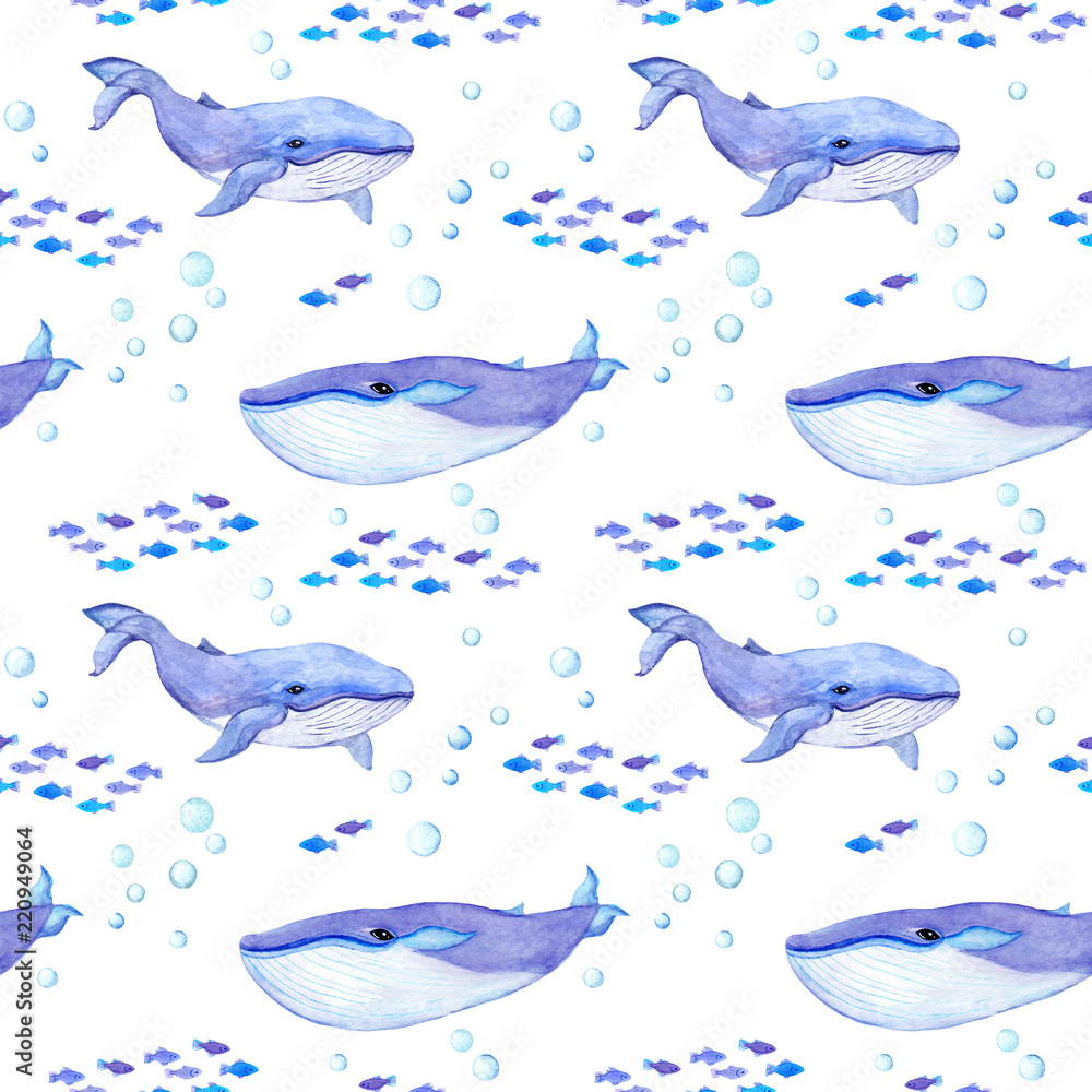 Whale animals. Sea seamless patterns with whales, fishes. Watercolor Whale animals. Sea seamless patterns with whales, fishes. Watercolor
