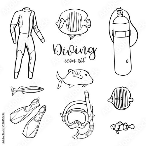 Diving icon doodle set. Underwater. Sea and ocean adventure. Summertime. Kids drawing. Doodle image. Cartoon creatures.