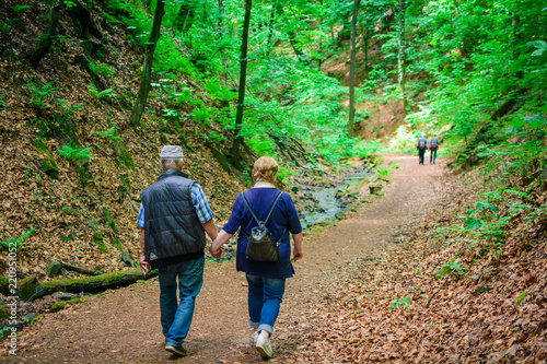 Senioren wandern Hand in Hand im Wald