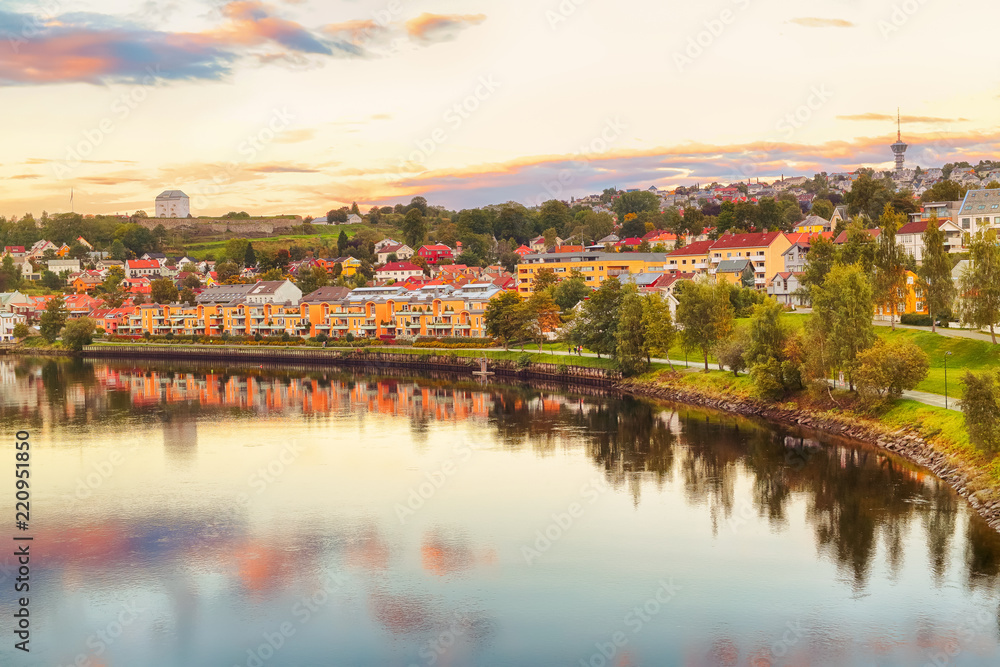 River Nidelva in Trondheim during colorful sunset 