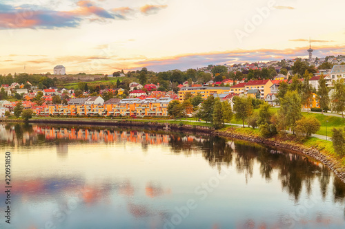 River Nidelva in Trondheim during colorful sunset 