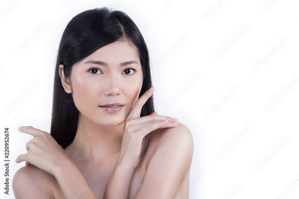 Clean Skin Woman straight black hair with Smooth pose open shoulder smile Clean Skin Woman straight black hair with Smooth pose open shoulder smile