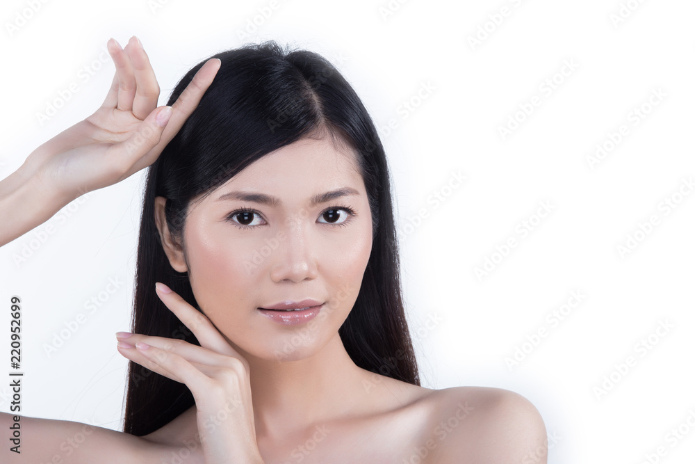 Clean Skin Woman straight black hair with Smooth pose open shoulder smile Clean Skin Woman straight black hair with Smooth pose open shoulder smile