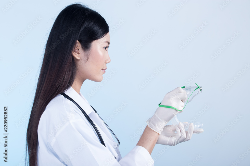 Doctor Nurse in white blue shirt with stethoscope and rubber gloves