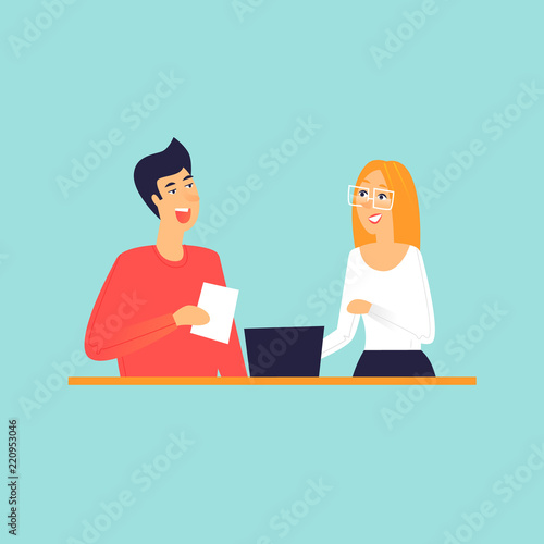 Man and woman talking near computer, office life, business. Flat design vector illustration.