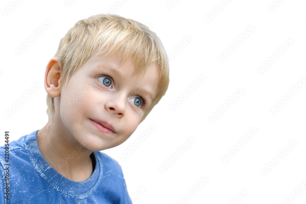 Boy blond, blue eyes, tilted his head, looking away, portrait, close-up, copy space Boy blond, blue eyes, tilted his head, looking away, portrait, close-up, copy space