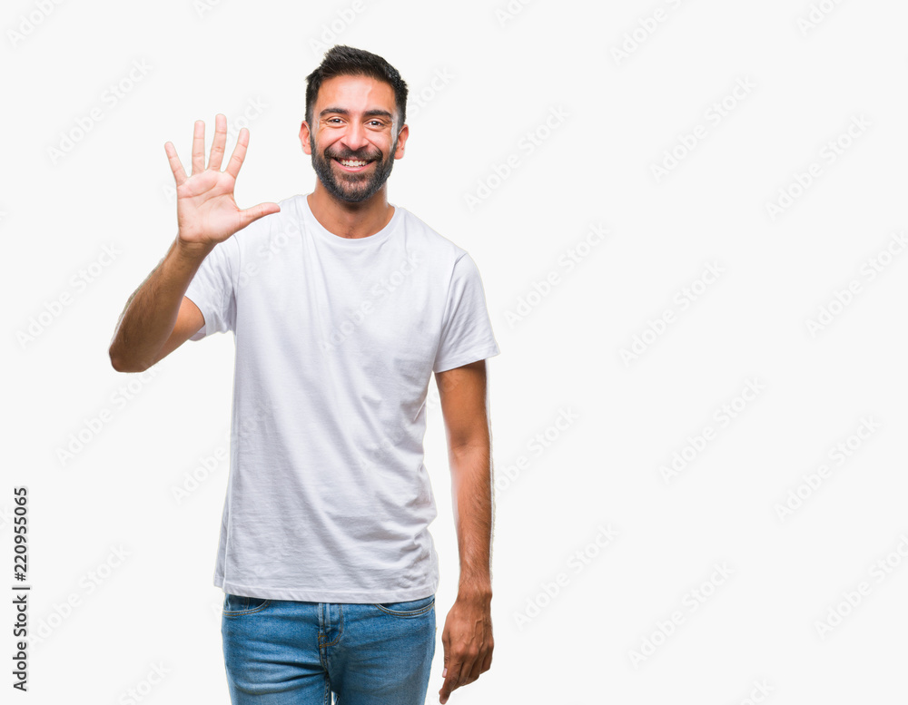 Adult hispanic man over isolated background showing and pointing up with fingers number five while smiling confident and happy. Adult hispanic man over isolated background showing and pointing up with fingers number five while smiling confident and happy.