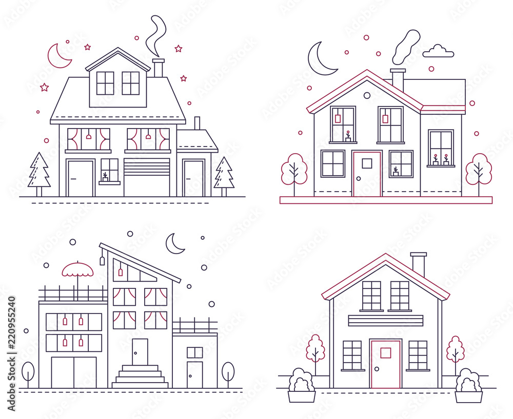 Vector thin line icon suburban american houses. Classic architecture civil building illustrations for infographic, web design and application interfaces.