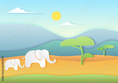 African savannah landscape with Elephants, mountains and trees. Trendy paper cuted style vector illustration.