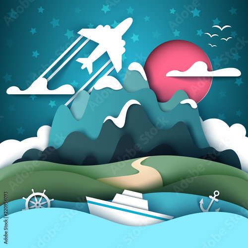 Cartoon paper landscape. Mountain, ship, anchor handwheel airplane Vector eps 10