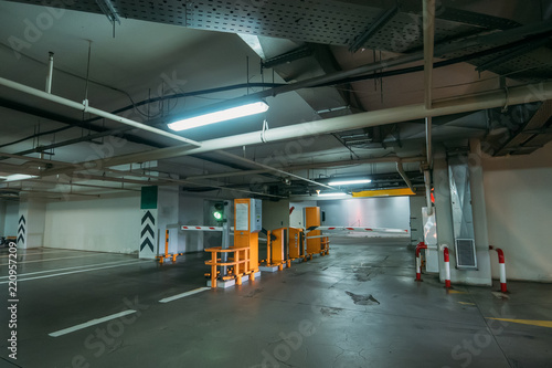 Entrance to underground car park, Parking ramp or barrier, modern city infrastructure