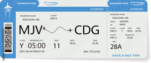 Flight ticket. Pattern of blue boarding pass. Vector illustration.