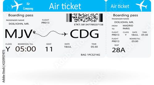Template of plane ticket for business trip, travel or vacation journey. Variant of a boarding pass. Isolated vector illustration with blue colors