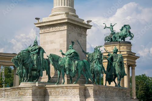 Right side view of some of statues of Seven chieftains of Magyars. Millennium Monument on Heroes' Square in Budapest