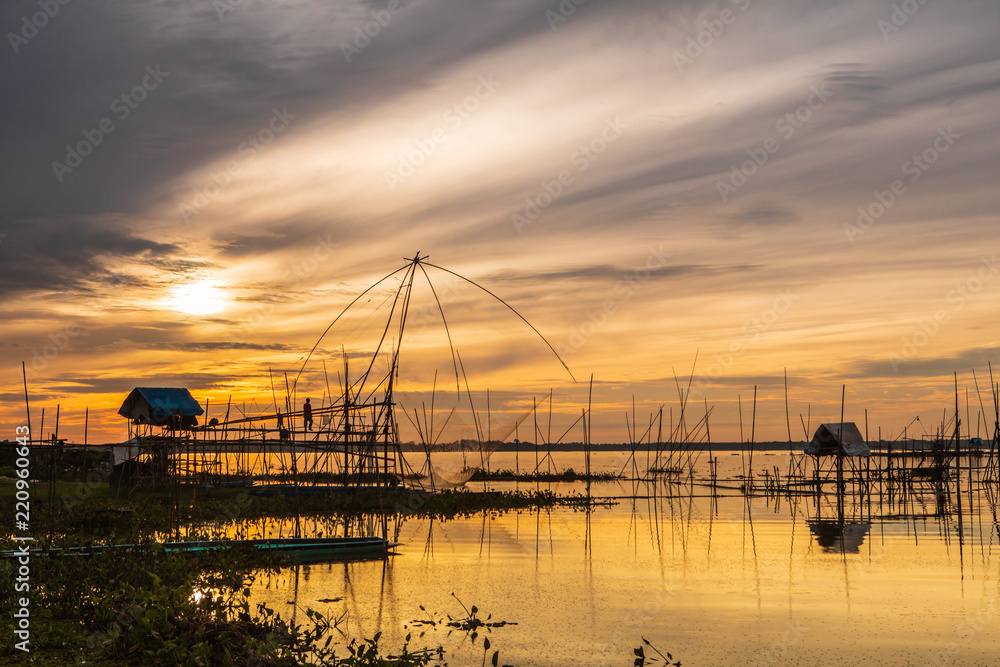 Fishing tools of fisherman in the morning  at Huai Luang dam, Udonthani province, Thailand.