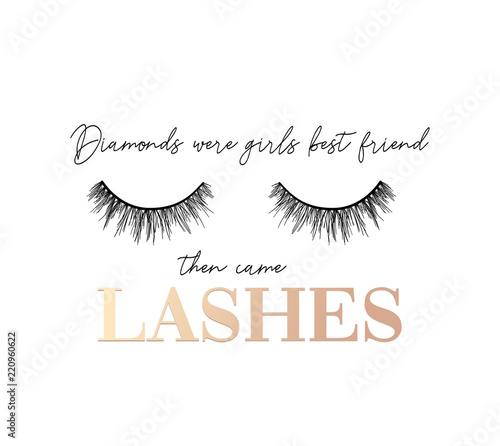 Diamonds were girls best friend then came lashes inspirational t-shirt design with lashes and ribbon. Feminine inspirational print. Vector illustration.