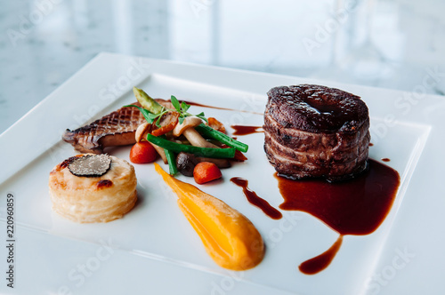 Fillet mignon steak nice fine dining style dish decoration photo