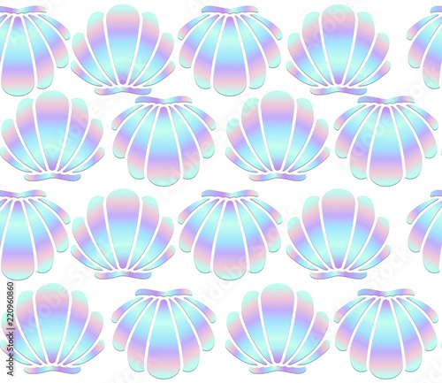 Holographic seashells seamless pattern on white background. Mermaid vector background
