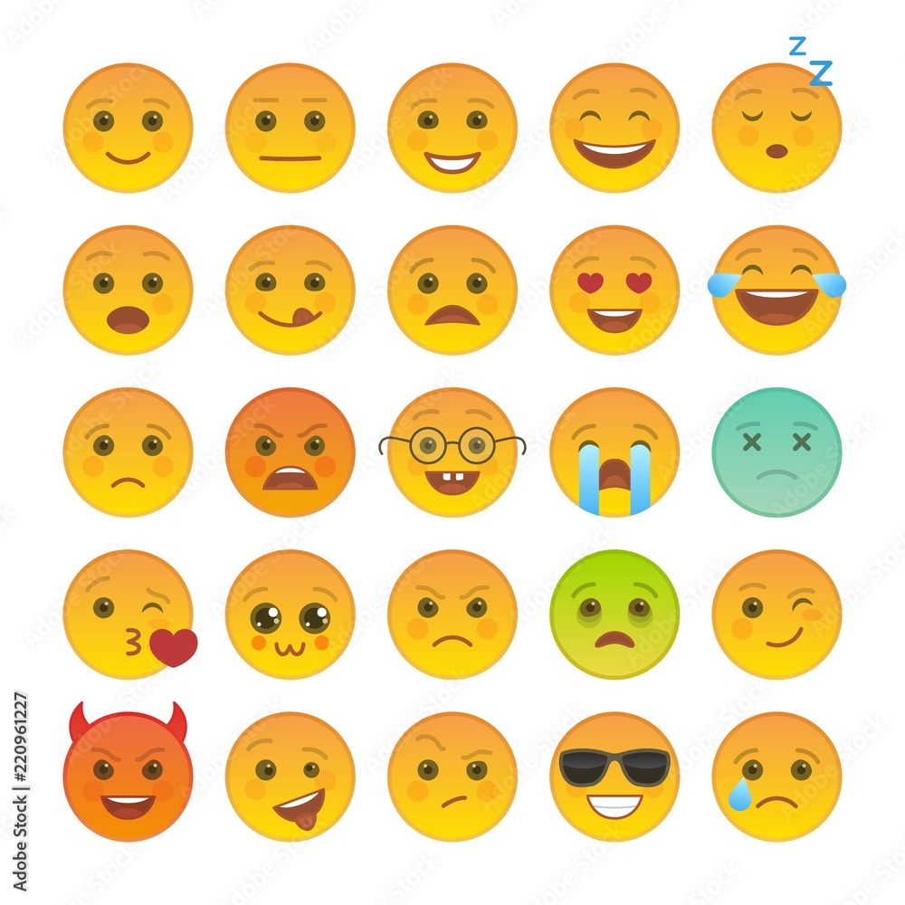 Funny emoticons isolated set. Angry, joy, sick, devil, laugh, happy and kissing yellow emoji symbols. Social communication and internet chatting vector elements. Smile face with facial expression. Funny emoticons isolated set. Angry, joy, sick, devil, laugh, happy and kissing yellow emoji symbols. Social communication and internet chatting vector elements. Smile face with facial expression.