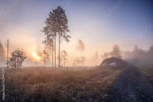 Obraz Mglisty poranek wschód słońca nad jeziorem