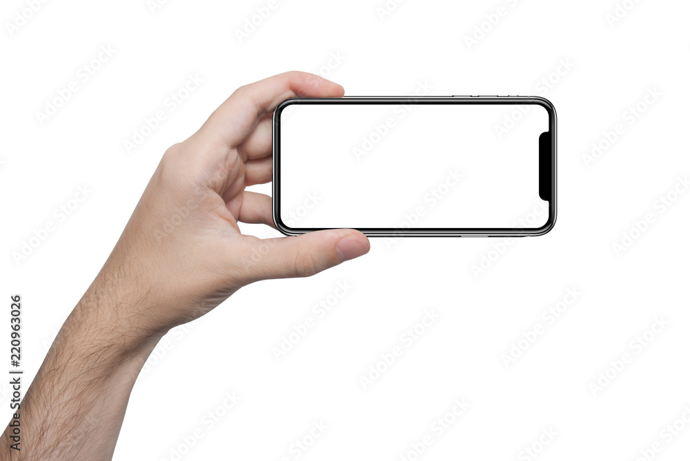isolated male hand holding the phone similar to iphon with isolated screen isolated male hand holding the phone similar to iphon with isolated screen