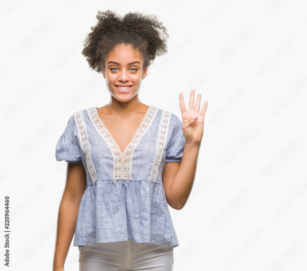 Young afro american woman over isolated background showing and pointing up with fingers number four while smiling confident and happy. Young afro american woman over isolated background showing and pointing up with fingers number four while smiling confident and happy.