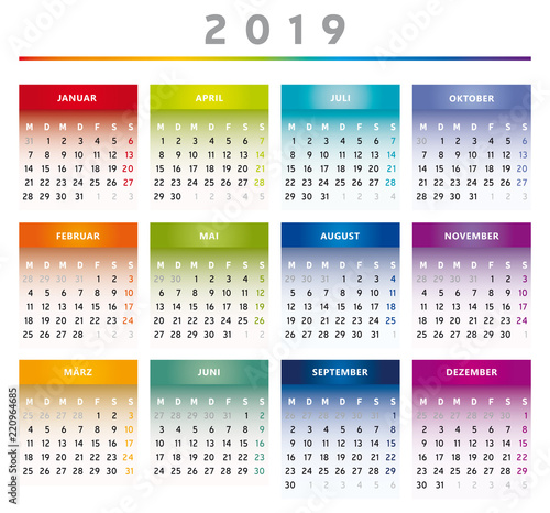 Calendrier 2019 en Allemand - Couleurs Arc-en-Ciel Format 4 Trimestres