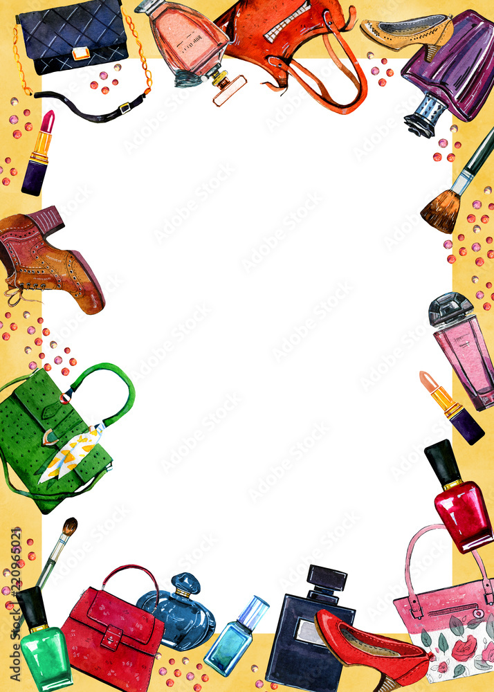 Hand drawn watercolor illustration of rectangular frame template with female bags, perfumes and cosmetics Hand drawn watercolor illustration of rectangular frame template with female bags, perfumes and cosmetics